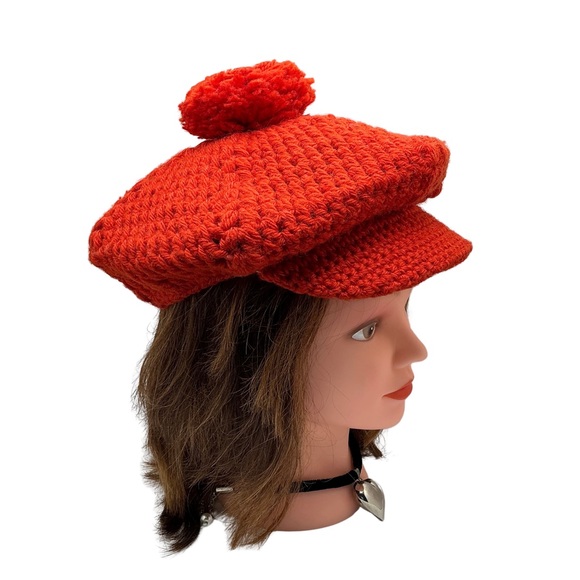 Handmade Deep Orange Crochet Beret Hat with Visor & Pom Pom Retro Puff Cap BX26 - Picture 2 of 7